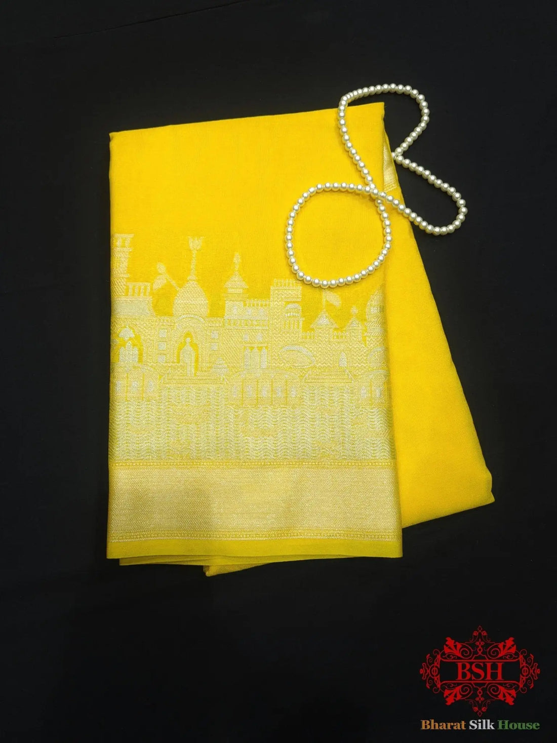 Yellow Banaras Ghats Weaved Silk Saree - Bharat Silk House Semi-Silk