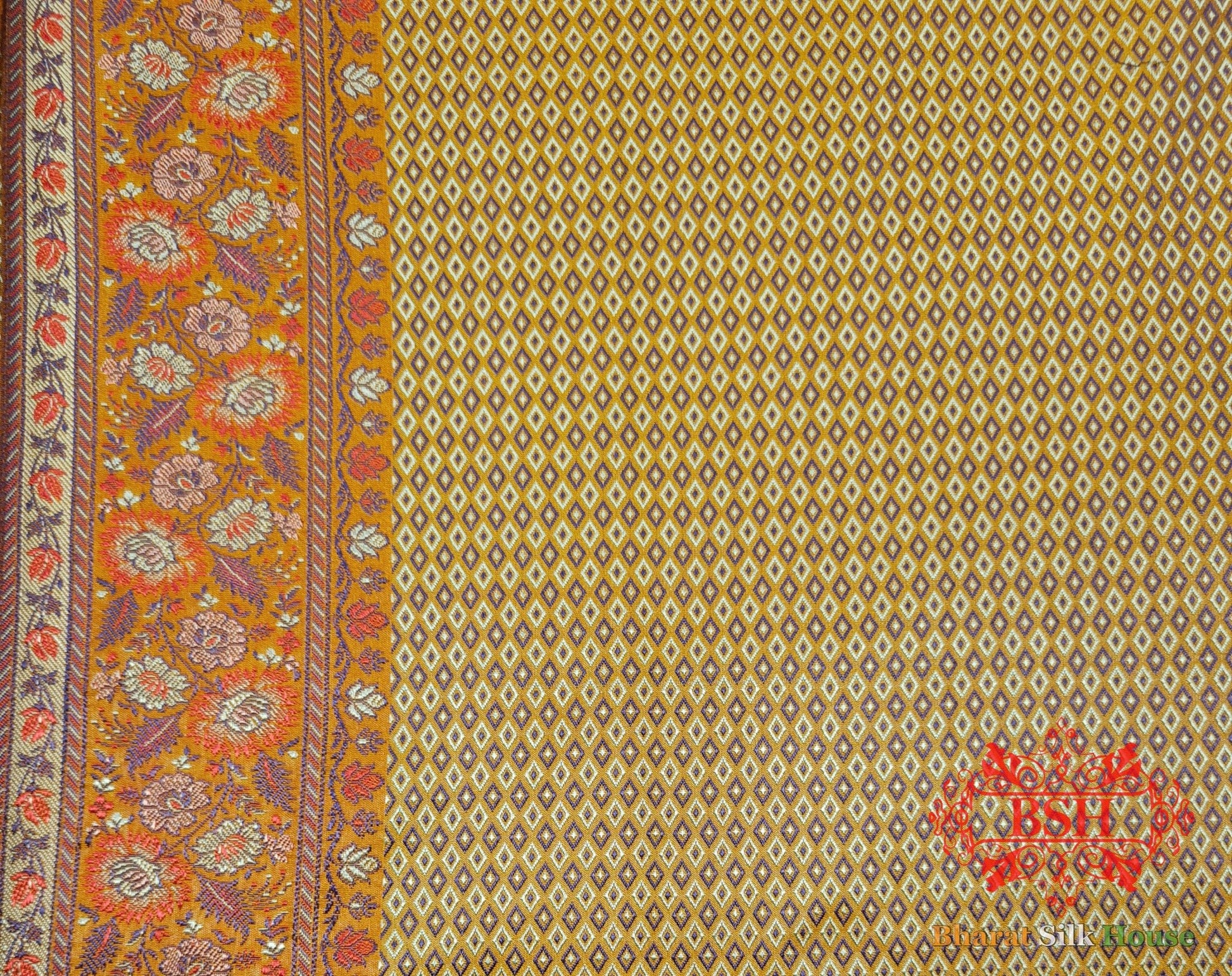 Yellow Chauthera (Four Color) Resham Zari Tanchoi Katan Silk Saree - Bharat Silk House Tanchoi katan