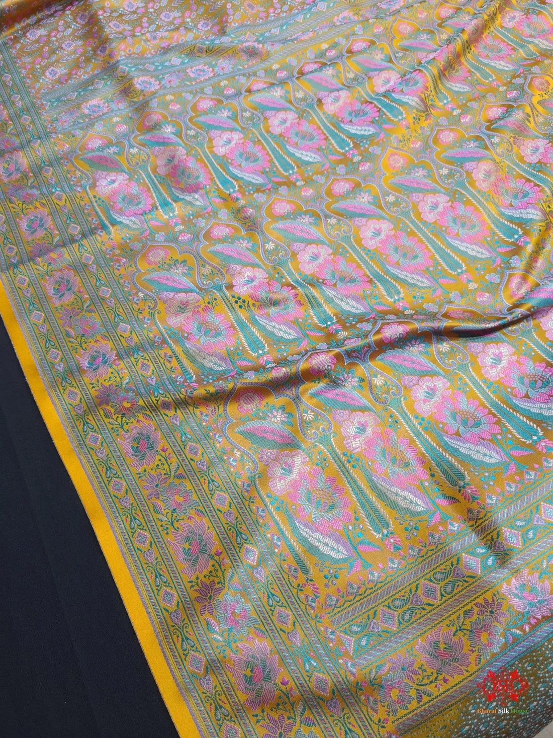 Yellow Chauthera (Four Color) Resham Zari Tanchoi Katan Silk Saree - Bharat Silk House Tanchoi katan