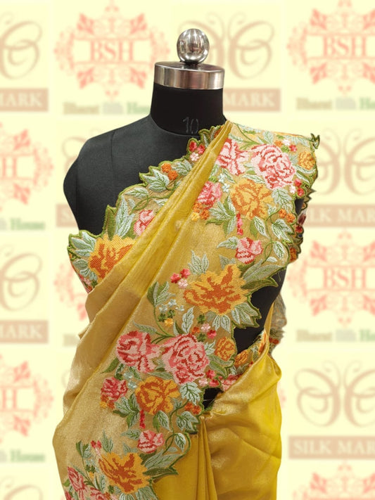 Yellow Color Crochet Work Tissue Silk Saree - Bharat Silk House Tissue Silk