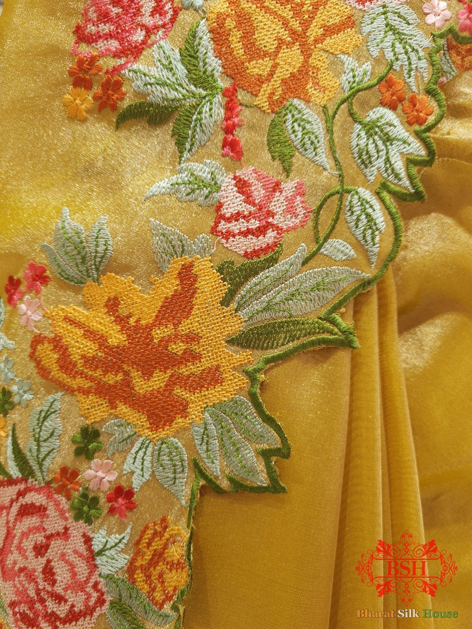 Yellow Color Crochet Work Tissue Silk Saree - Bharat Silk House Tissue Silk
