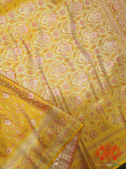 Yellow Dohri Resham Zari Booti Tanchoi Silk Saree - Bharat Silk House Tanchoi katan