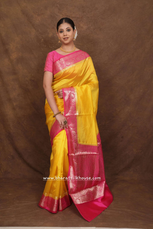 Yellow With Pink Border Pure Dupion Silk Saree - Bharat Silk House